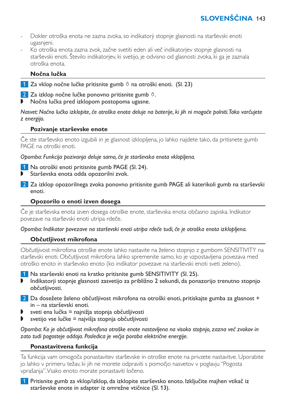 Indikatorji stopnje glasnosti, Nočna lučka, Pozivanje starševske enote | Opozorilo o enoti izven dosega, Občutljivost mikrofona | Philips SCD510/00 User Manual | Page 143 / 172
