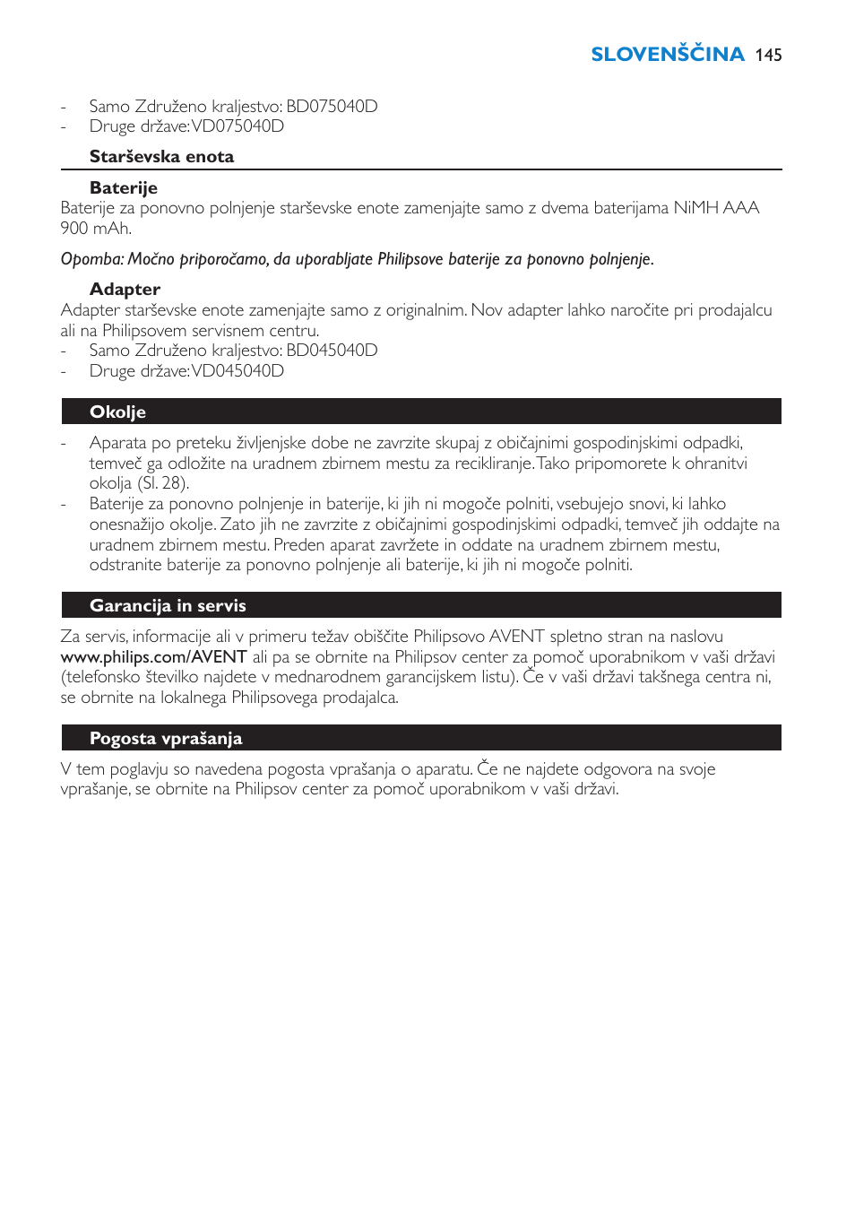 Menjava, Otroška enota, Baterije | Adapter, Starševska enota, Okolje, Garancija in servis, Pogosta vprašanja | Philips SCD510/00 User Manual | Page 145 / 172