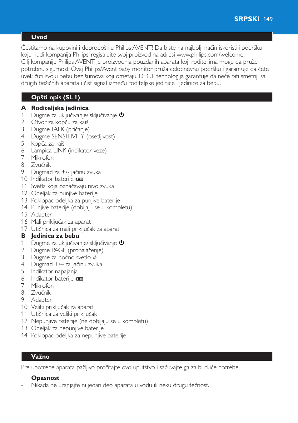 Opasnost, Srpski, Uvod | Opšti opis (sl. 1), Važno | Philips SCD510/00 User Manual | Page 149 / 172