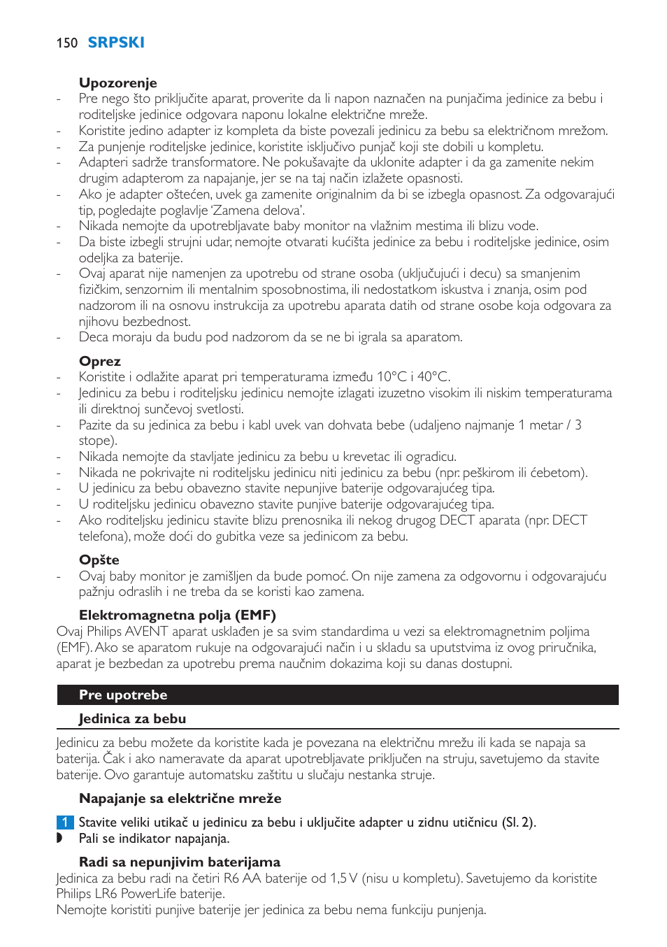 Upozorenje, Oprez, Opšte | Elektromagnetna polja (emf), Pre upotrebe, Jedinica za bebu, Napajanje sa električne mreže, Radi sa nepunjivim baterijama | Philips SCD510/00 User Manual | Page 150 / 172