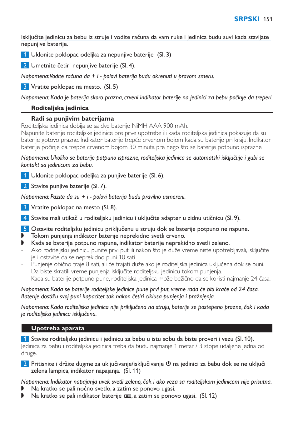 Roditeljska jedinica, Radi sa punjivim baterijama, Upotreba aparata | Philips SCD510/00 User Manual | Page 151 / 172