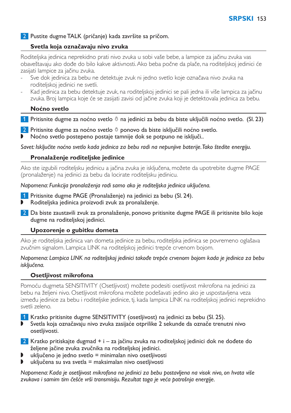 Svetla koja označavaju nivo zvuka, Noćno svetlo, Pronalaženje roditeljske jedinice | Upozorenje o gubitku dometa, Osetljivost mikrofona | Philips SCD510/00 User Manual | Page 153 / 172