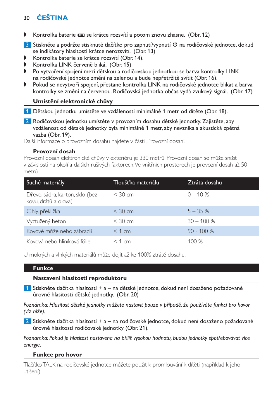 Umístění elektronické chůvy, Provozní dosah, Funkce | Nastavení hlasitosti reproduktoru, Funkce pro hovor | Philips SCD510/00 User Manual | Page 30 / 172