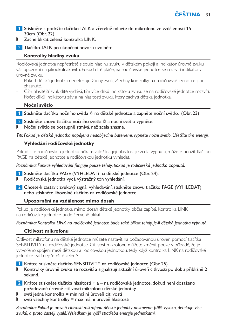 Kontrolky hladiny zvuku, Noční světlo, Vyhledání rodičovské jednotky | Upozornění na vzdálenost mimo dosah, Citlivost mikrofonu | Philips SCD510/00 User Manual | Page 31 / 172