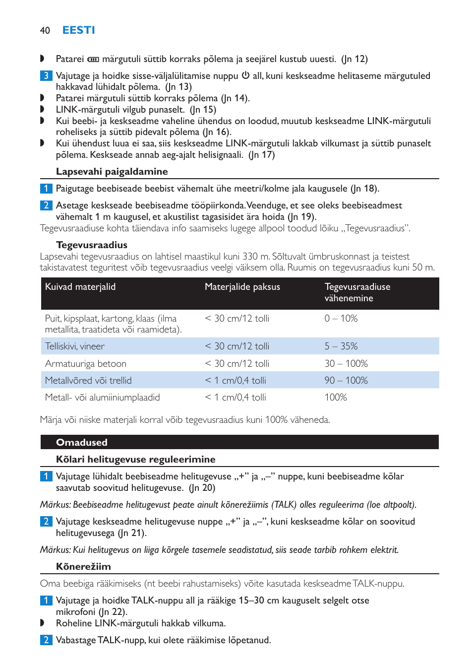 Lapsevahi paigaldamine, Tegevusraadius, Omadused | Kõlari helitugevuse reguleerimine, Kõnerežiim | Philips SCD510/00 User Manual | Page 40 / 172