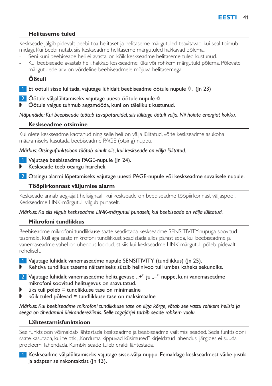 Helitaseme tuled, Öötuli, Keskseadme otsimine | Tööpiirkonnast väljumise alarm, Mikrofoni tundlikkus, Lähtestamisfunktsioon | Philips SCD510/00 User Manual | Page 41 / 172