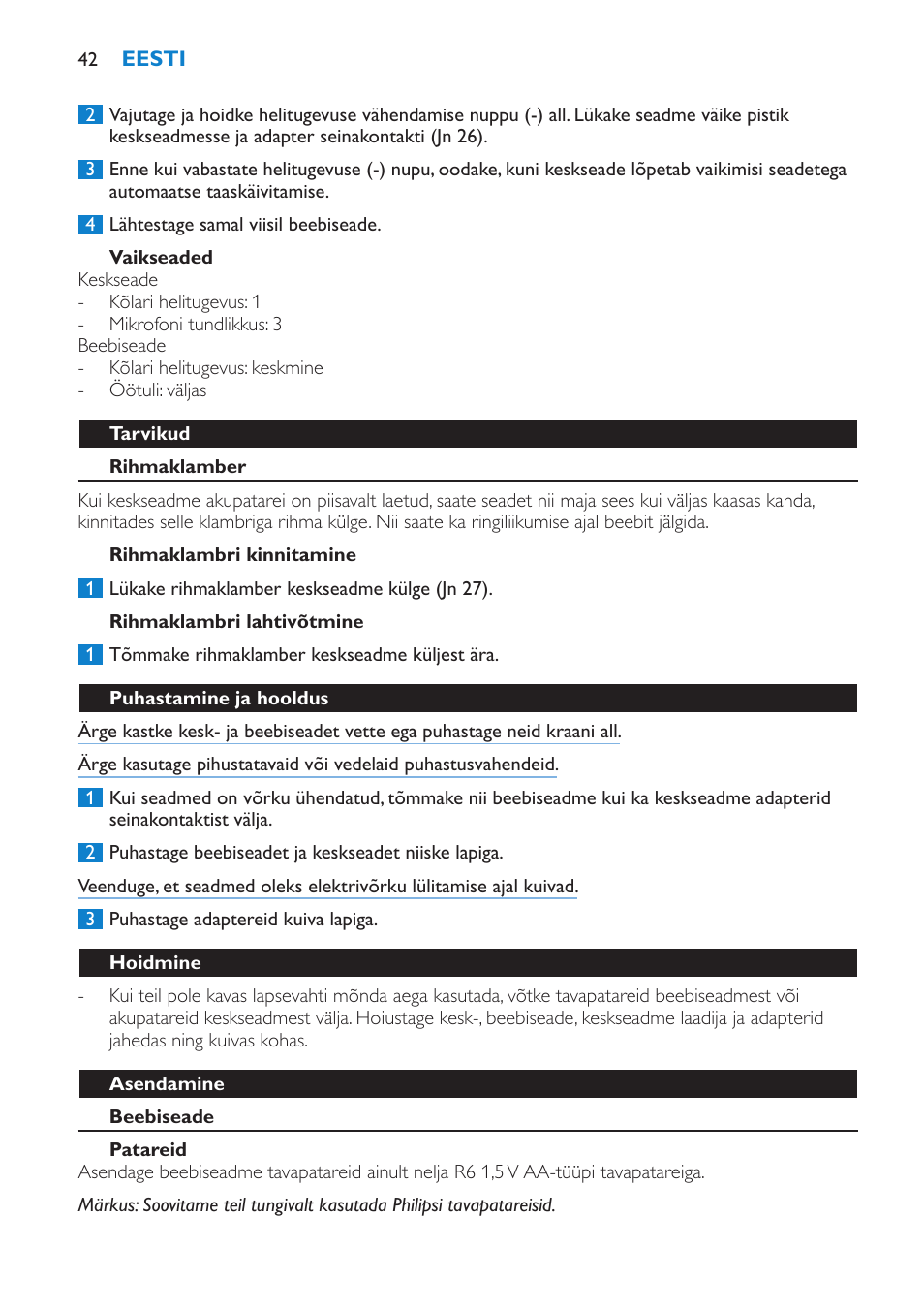 Vaikseaded, Tarvikud, Rihmaklamber | Rihmaklambri kinnitamine, Rihmaklambri lahtivõtmine, Puhastamine ja hooldus, Hoidmine, Asendamine, Beebiseade, Patareid | Philips SCD510/00 User Manual | Page 42 / 172