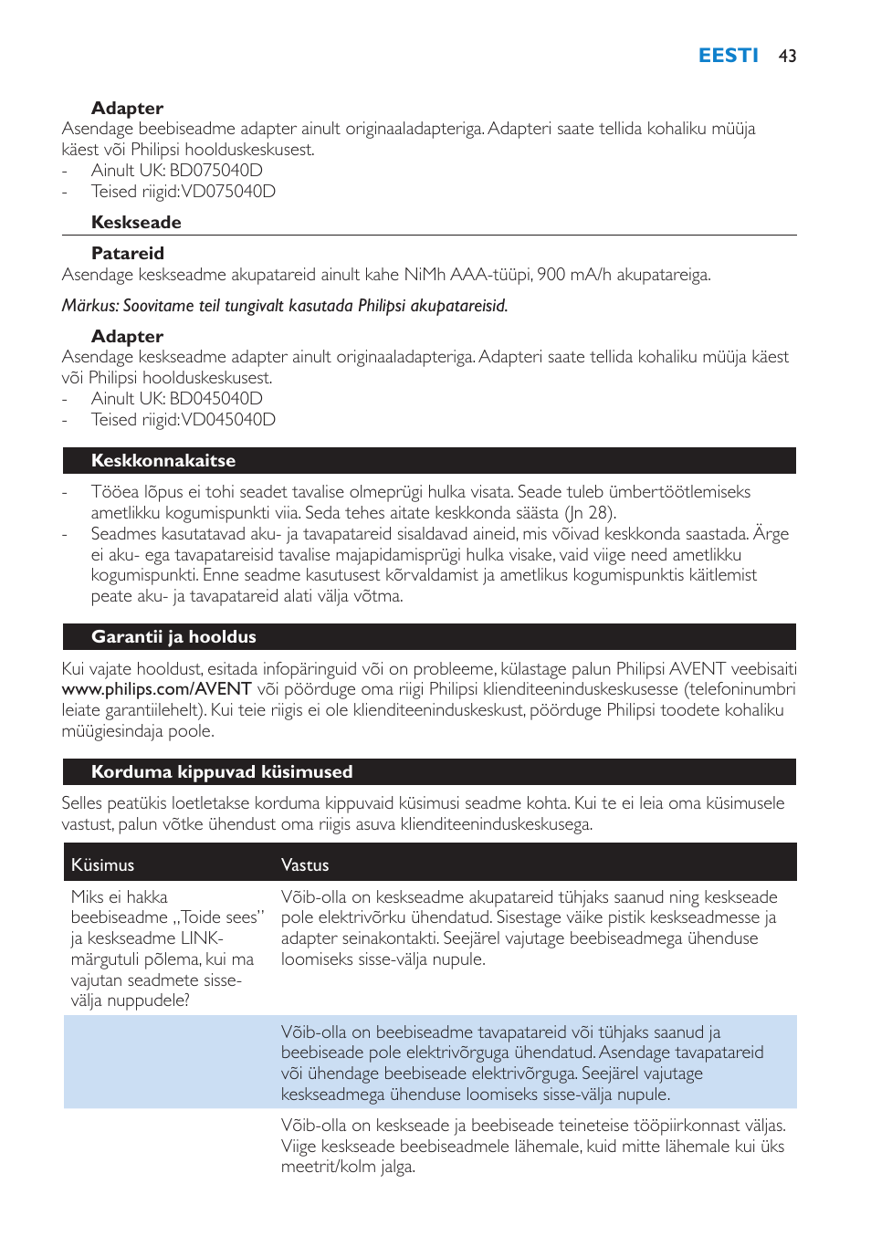 Adapter, Keskseade, Patareid | Keskkonnakaitse, Garantii ja hooldus, Korduma kippuvad küsimused | Philips SCD510/00 User Manual | Page 43 / 172