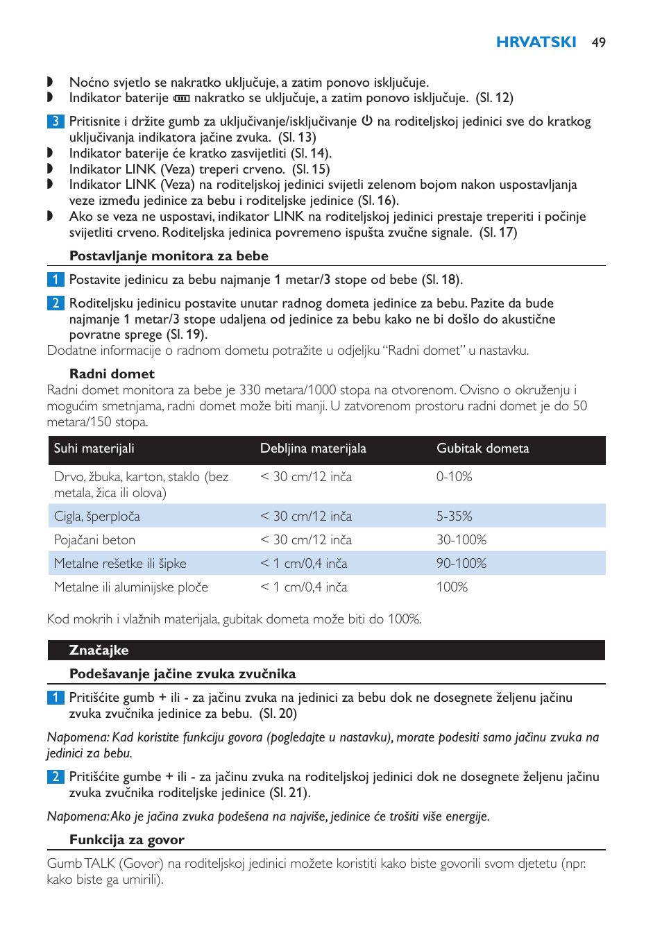 Postavljanje monitora za bebe, Radni domet, Značajke | Podešavanje jačine zvuka zvučnika, Funkcija za govor | Philips SCD510/00 User Manual | Page 49 / 172