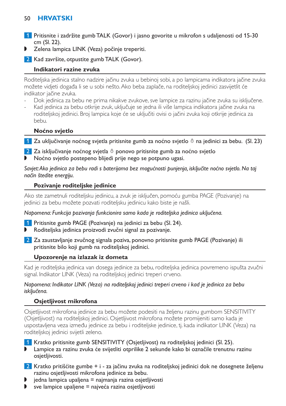 Indikatori razine zvuka, Noćno svjetlo, Pozivanje roditeljske jedinice | Upozorenje na izlazak iz dometa, Osjetljivost mikrofona | Philips SCD510/00 User Manual | Page 50 / 172