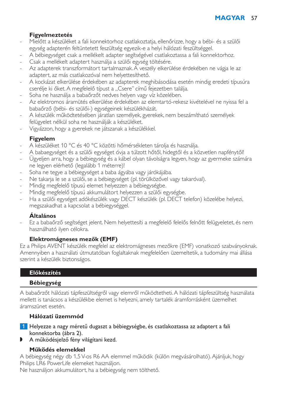 Figyelmeztetés, Figyelem, Általános | Elektromágneses mezők (emf), Előkészítés, Bébiegység, Hálózati üzemmód, Működés elemekkel | Philips SCD510/00 User Manual | Page 57 / 172