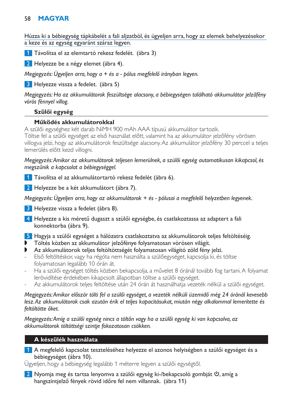 Szülői egység, Működés akkumulátorokkal, A készülék használata | Philips SCD510/00 User Manual | Page 58 / 172