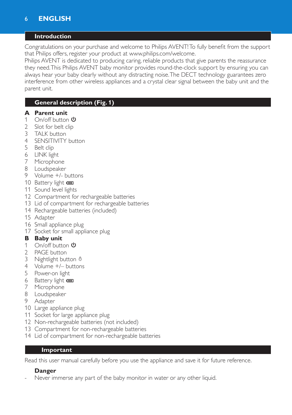 English, Introduction, General description (fig. 1) | Important, Danger | Philips SCD510/00 User Manual | Page 6 / 172