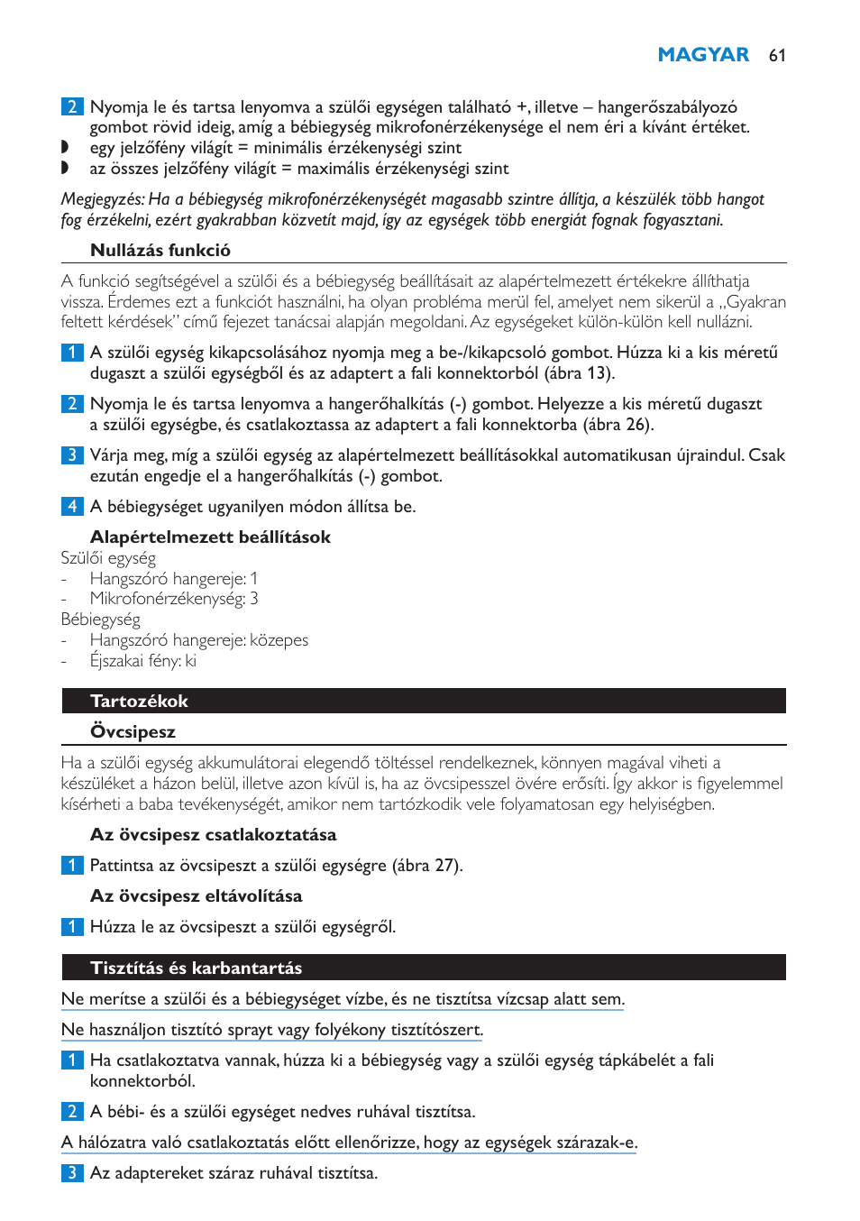 Nullázás funkció, Alapértelmezett beállítások, Tartozékok | Övcsipesz, Az övcsipesz csatlakoztatása, Az övcsipesz eltávolítása, Tisztítás és karbantartás | Philips SCD510/00 User Manual | Page 61 / 172