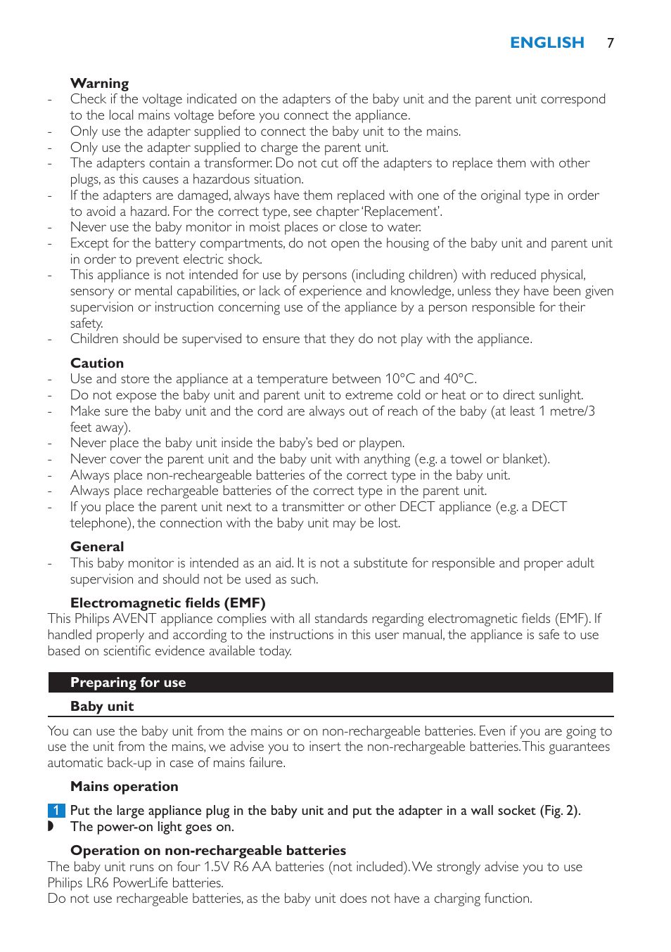 Warning, Caution, General | Electromagnetic fields (emf), Preparing for use, Baby unit, Mains operation, Operation on non-rechargeable batteries | Philips SCD510/00 User Manual | Page 7 / 172