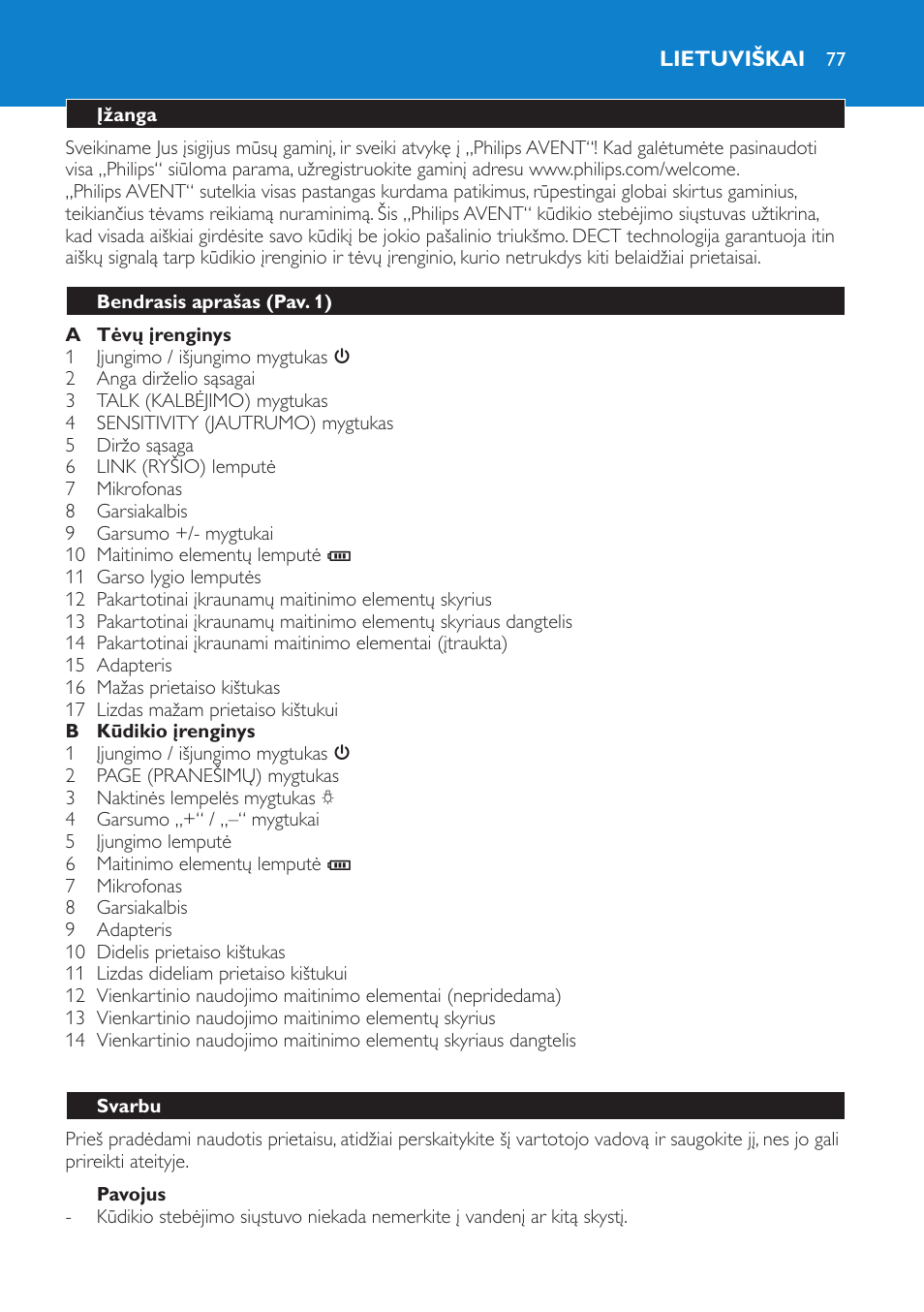 Pavojus, Lietuviškai, Įžanga | Bendrasis aprašas (pav. 1), Svarbu | Philips SCD510/00 User Manual | Page 77 / 172