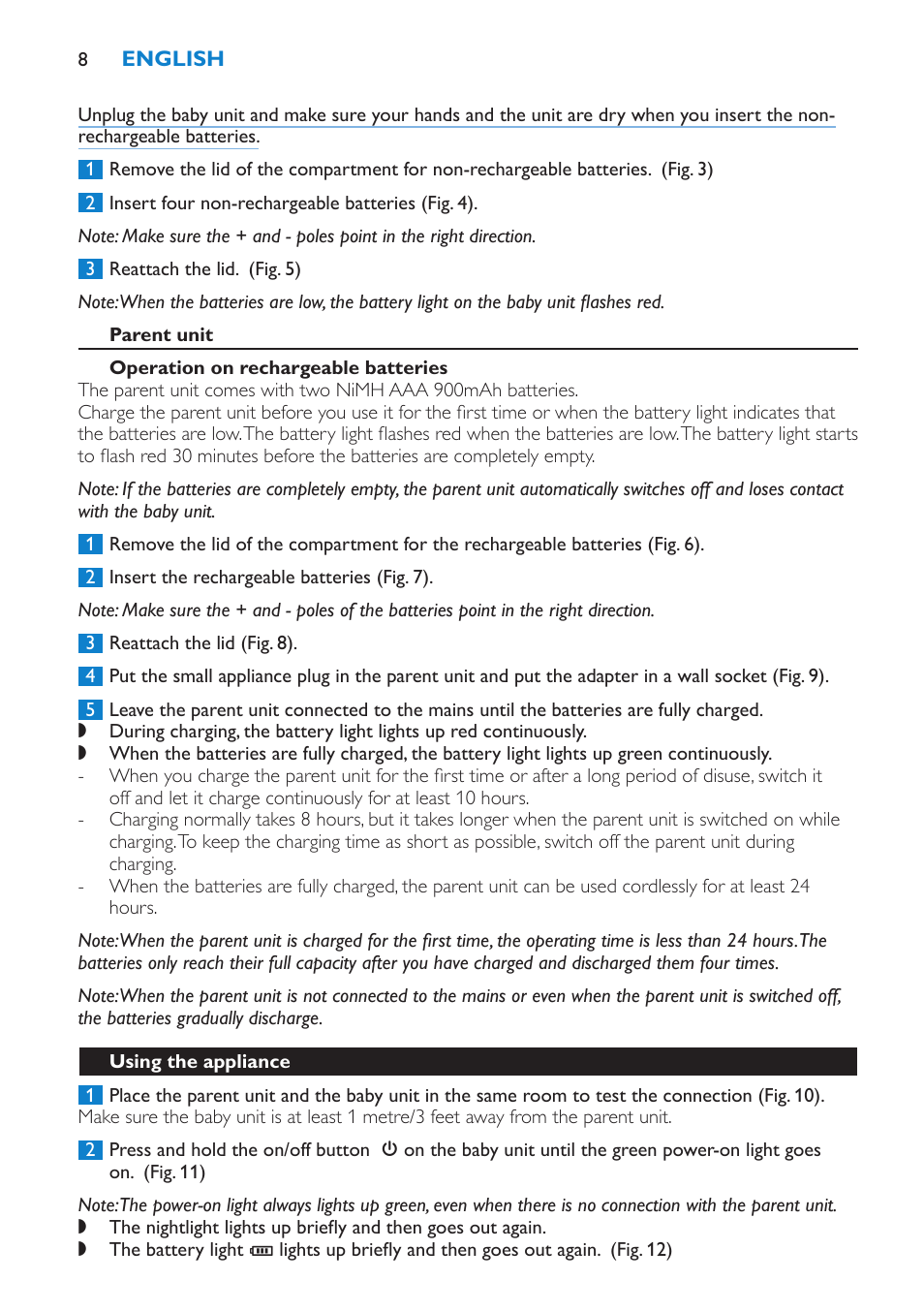 Parent unit, Operation on rechargeable batteries, Using the appliance | Philips SCD510/00 User Manual | Page 8 / 172