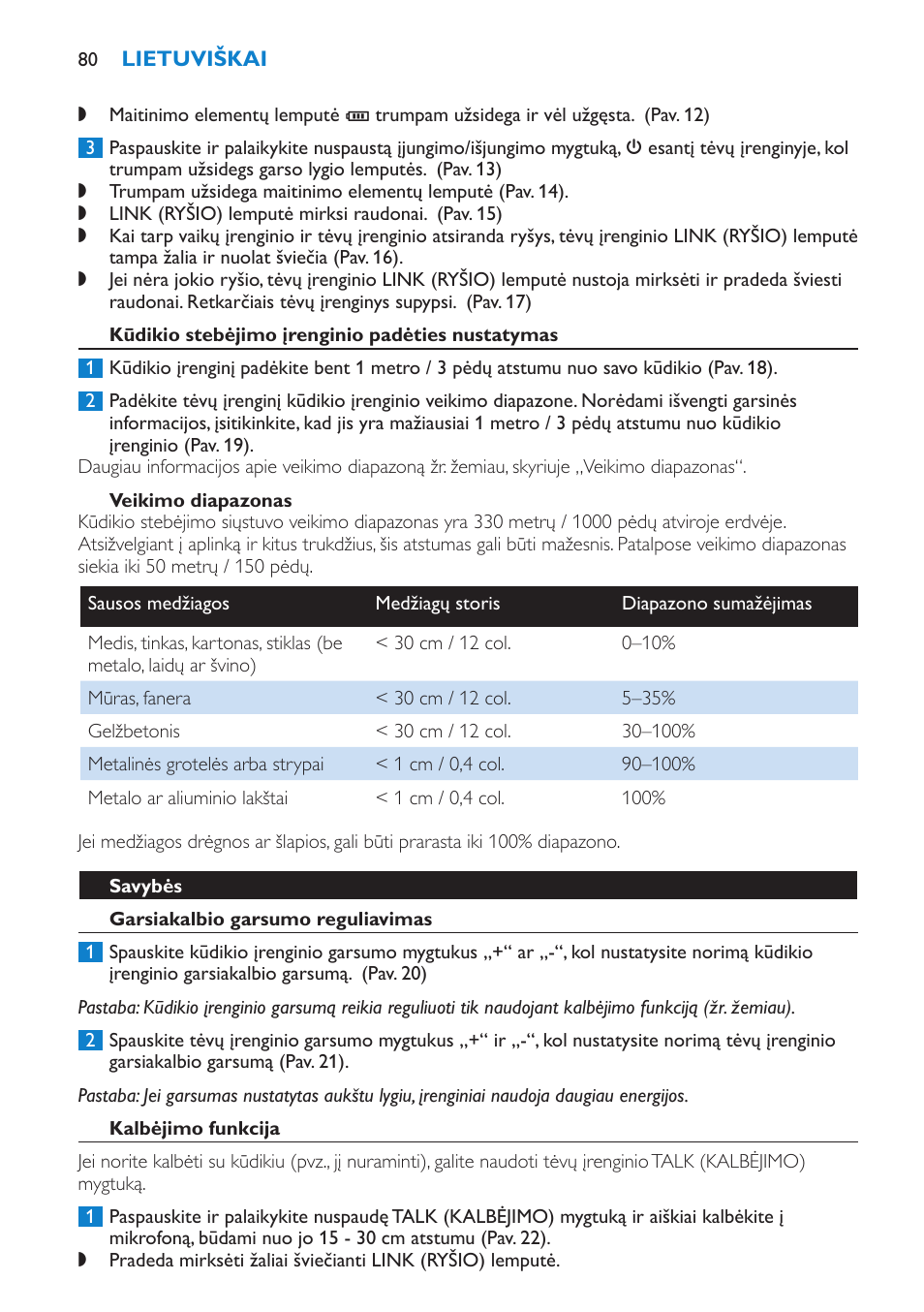 Kūdikio stebėjimo įrenginio padėties nustatymas, Veikimo diapazonas, Savybės | Garsiakalbio garsumo reguliavimas | Philips SCD510/00 User Manual | Page 80 / 172