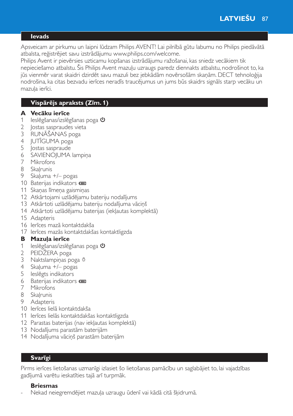 Briesmas, Latviešu, Ievads | Vispārējs apraksts (zīm. 1), Svarīgi | Philips SCD510/00 User Manual | Page 87 / 172