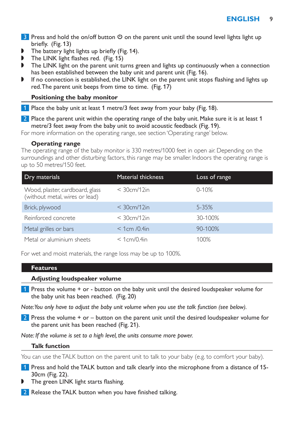 Positioning the baby monitor, Operating range, Features | Adjusting loudspeaker volume, Talk function | Philips SCD510/00 User Manual | Page 9 / 172