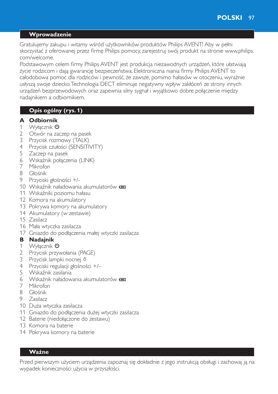 Polski, Wprowadzenie, Opis ogólny (rys. 1) | Ważne | Philips SCD510/00 User Manual | Page 97 / 172