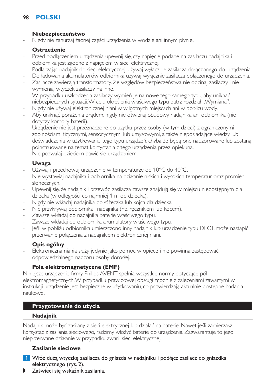 Niebezpieczeństwo, Ostrzeżenie, Uwaga | Opis ogólny, Pola elektromagnetyczne (emf), Przygotowanie do użycia, Nadajnik | Philips SCD510/00 User Manual | Page 98 / 172