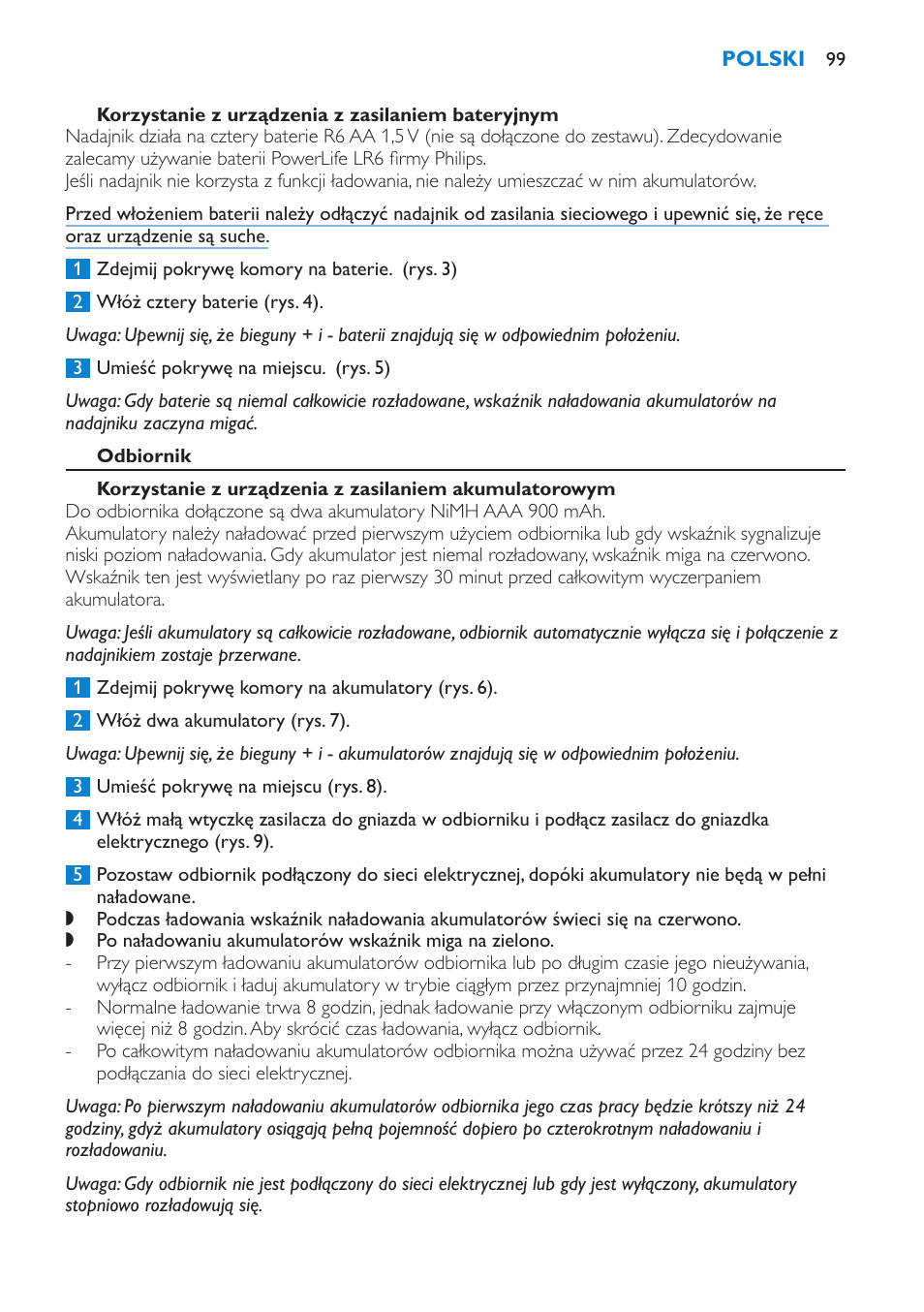 Zasilanie sieciowe, Korzystanie z urządzenia z zasilaniem bateryjnym, Odbiornik | Philips SCD510/00 User Manual | Page 99 / 172