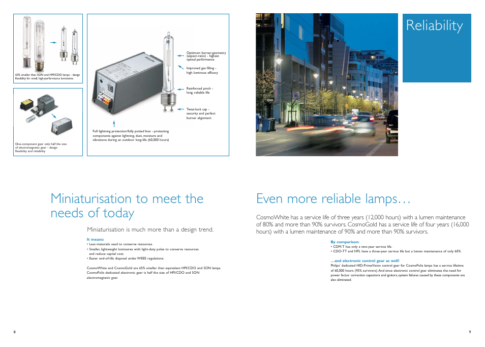 Reliability, Miniaturisation to meet the needs of today, Even more reliable lamps | Philips CosmoPolis Urban Lighting User Manual | Page 5 / 8