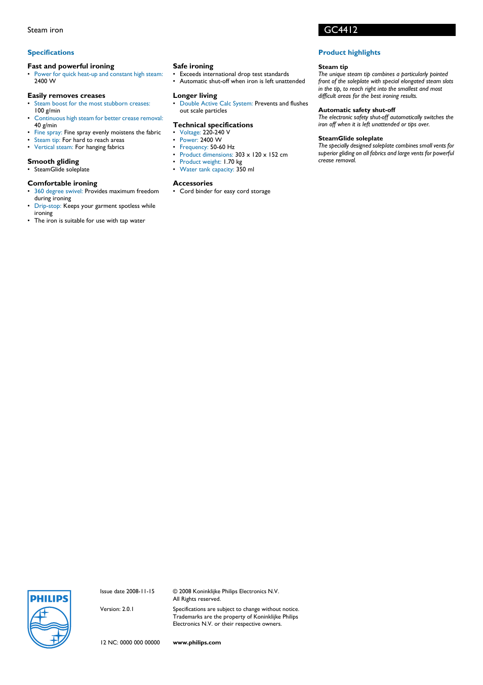 Gc4412 | Philips GC4412  EN User Manual | Page 2 / 2