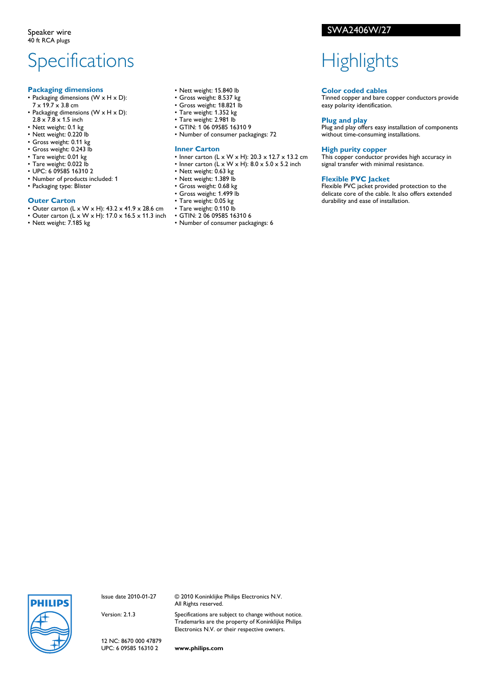 Specifications, Highlights | Philips SWA2406W User Manual | Page 2 / 2