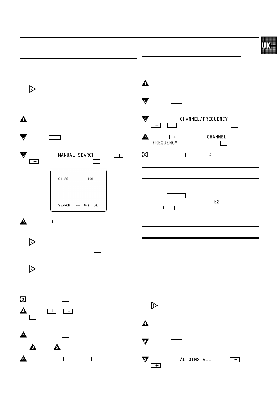 Manual tv channel search, Channel number or frequency display, Satellite receiver | Special installation functions, Automatic tv channel search (autoinstall) | Philips VR200/07 User Manual | Page 10 / 25