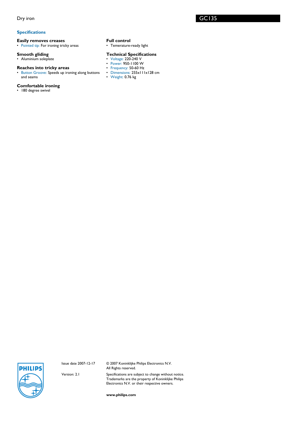 Gc135 | Philips GC135 User Manual | Page 2 / 2