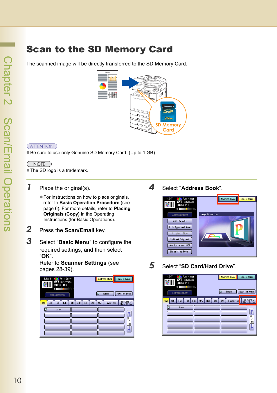 Scan/email operations, Scan to the sd memory card, Chapter 2 scan/email operations | Philips WORKIO DP-C262 User Manual | Page 10 / 54