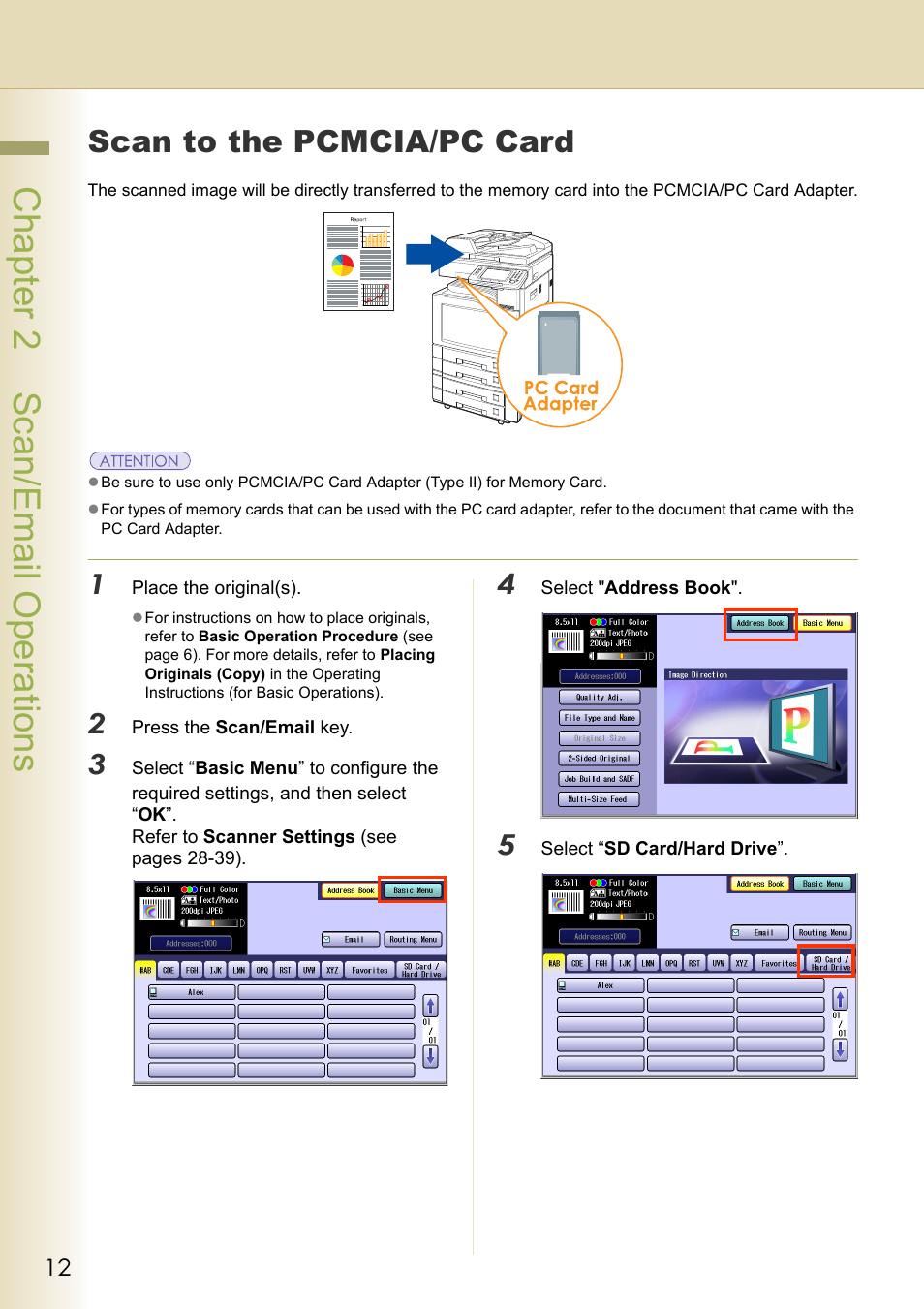 Scan to the pcmcia/pc card, Chapter 2 scan/email operations | Philips WORKIO DP-C262 User Manual | Page 12 / 54