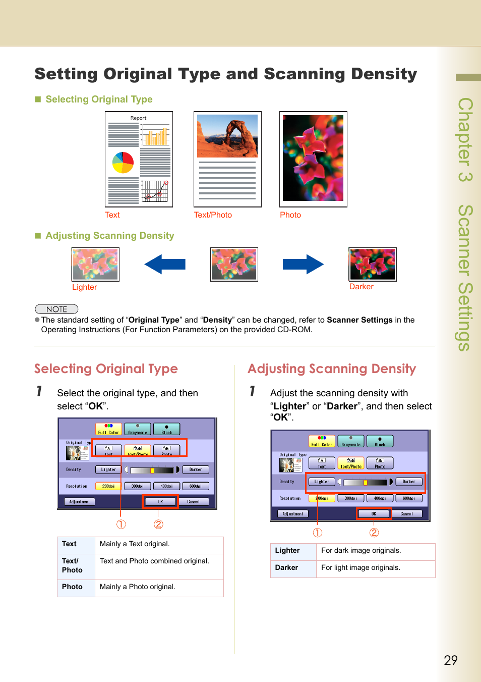 Setting original type and scanning density, Selecting original type, Adjusting scanning density | Selecting original type adjusting scanning density, Chapter 3 scanner settings | Philips WORKIO DP-C262 User Manual | Page 29 / 54