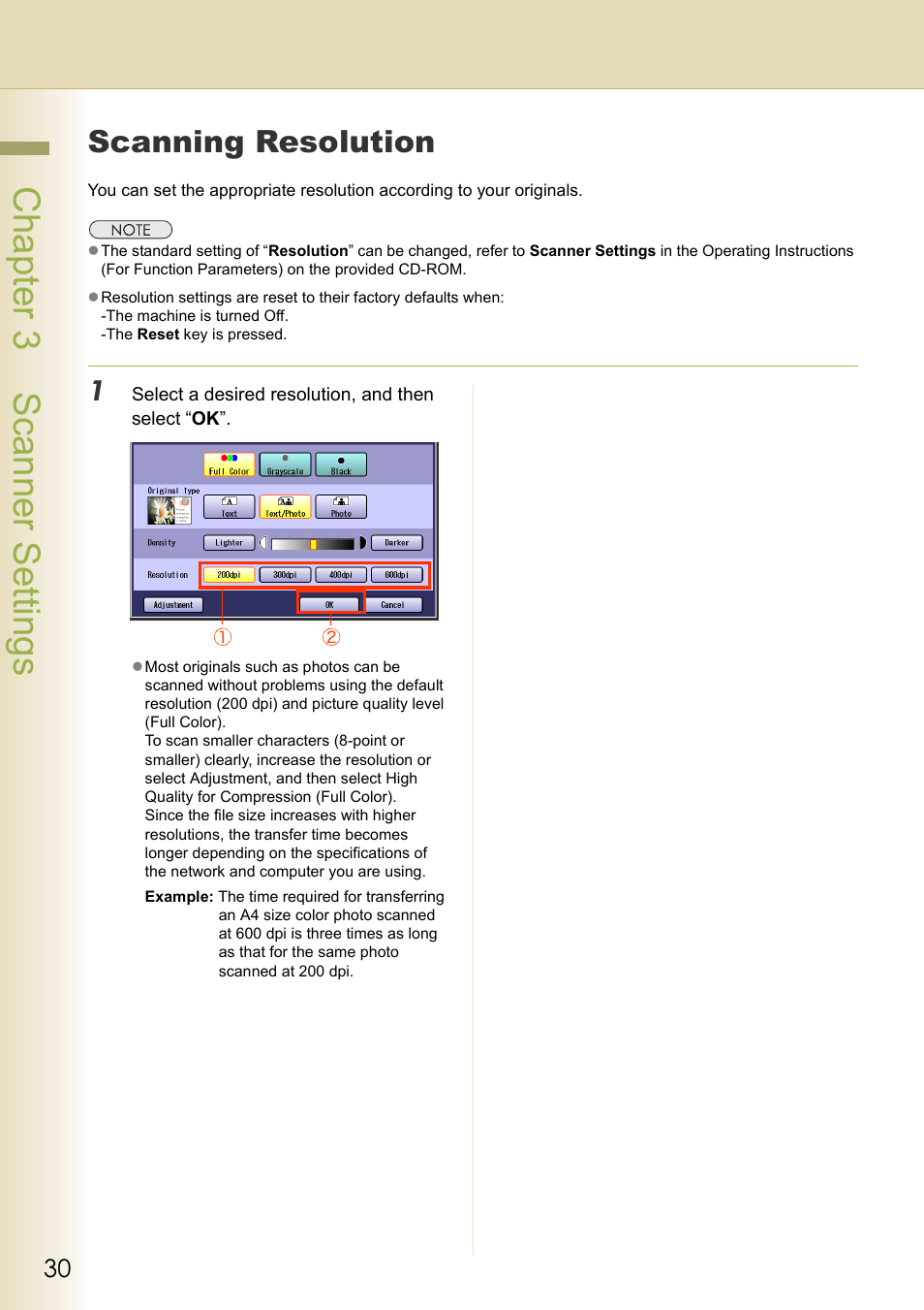 Scanning resolution, Chapter 3 scanner settings | Philips WORKIO DP-C262 User Manual | Page 30 / 54