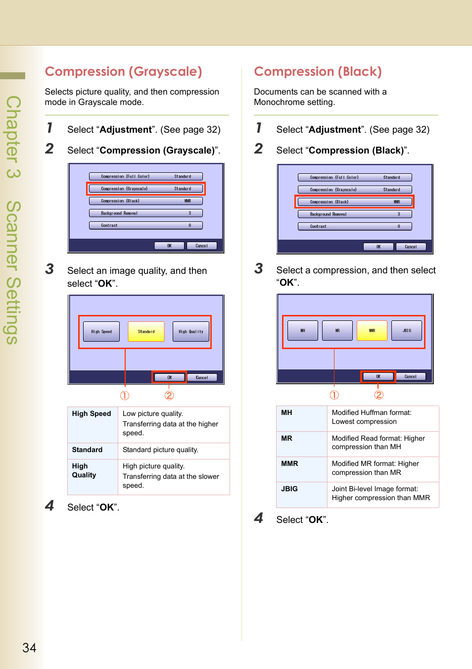 Compression (grayscale), Compression (black), Chapter 3 scanner settings | Philips WORKIO DP-C262 User Manual | Page 34 / 54