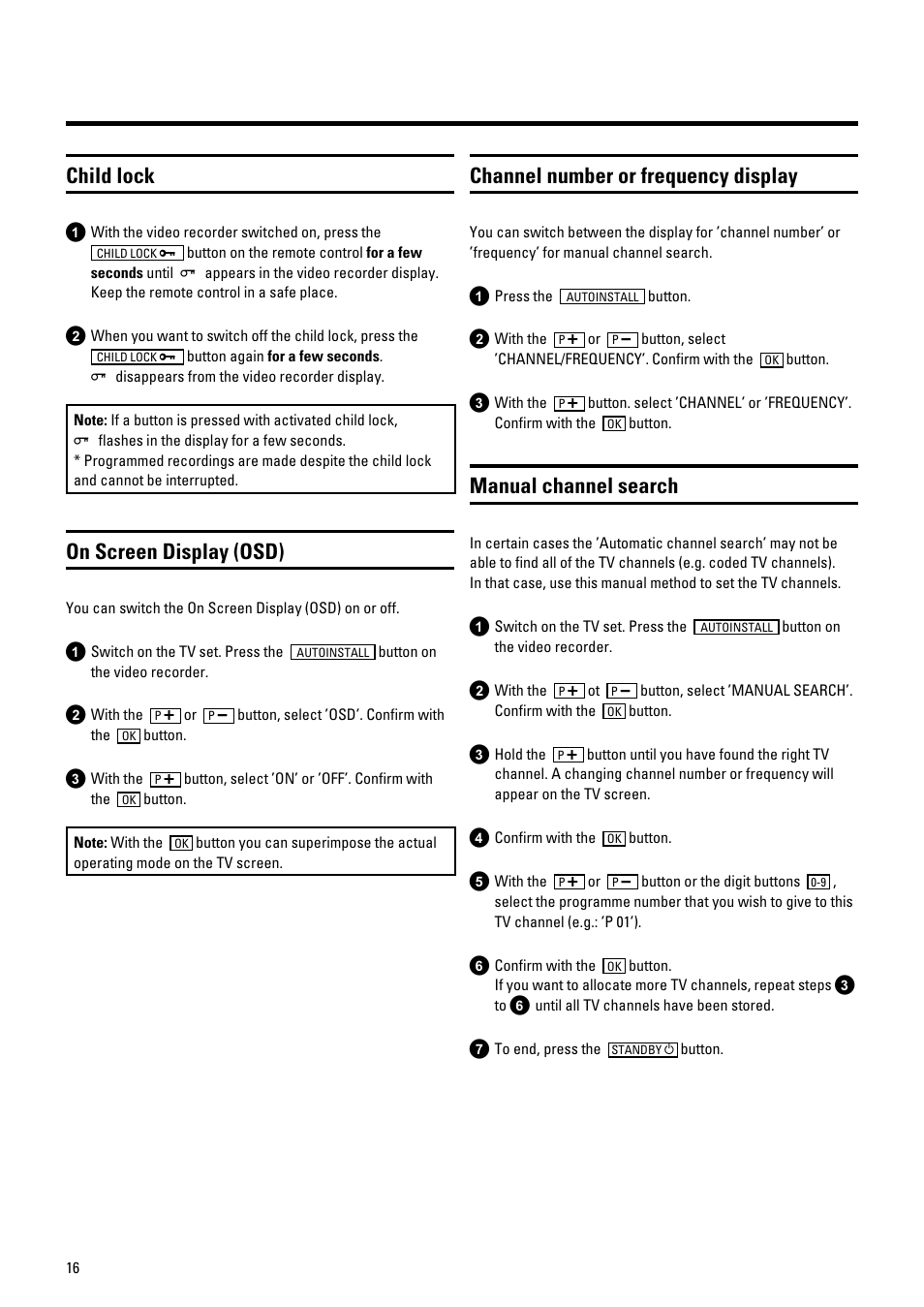 Child lock, On screen display (osd), Channel number or frequency display | Manual channel search | Philips vr 685 User Manual | Page 18 / 20