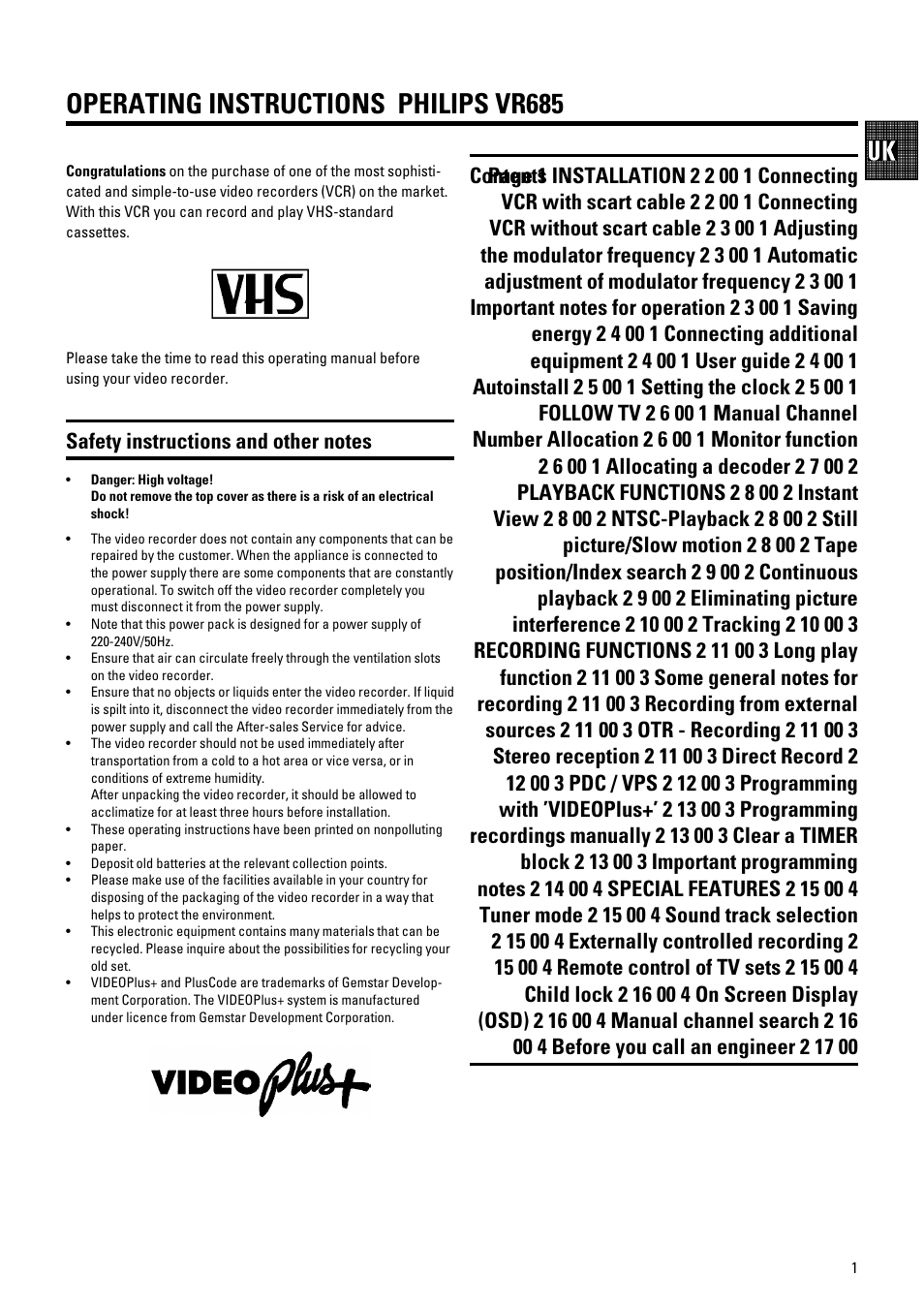 Operating instructions philips vr685 | Philips vr 685 User Manual | Page 3 / 20
