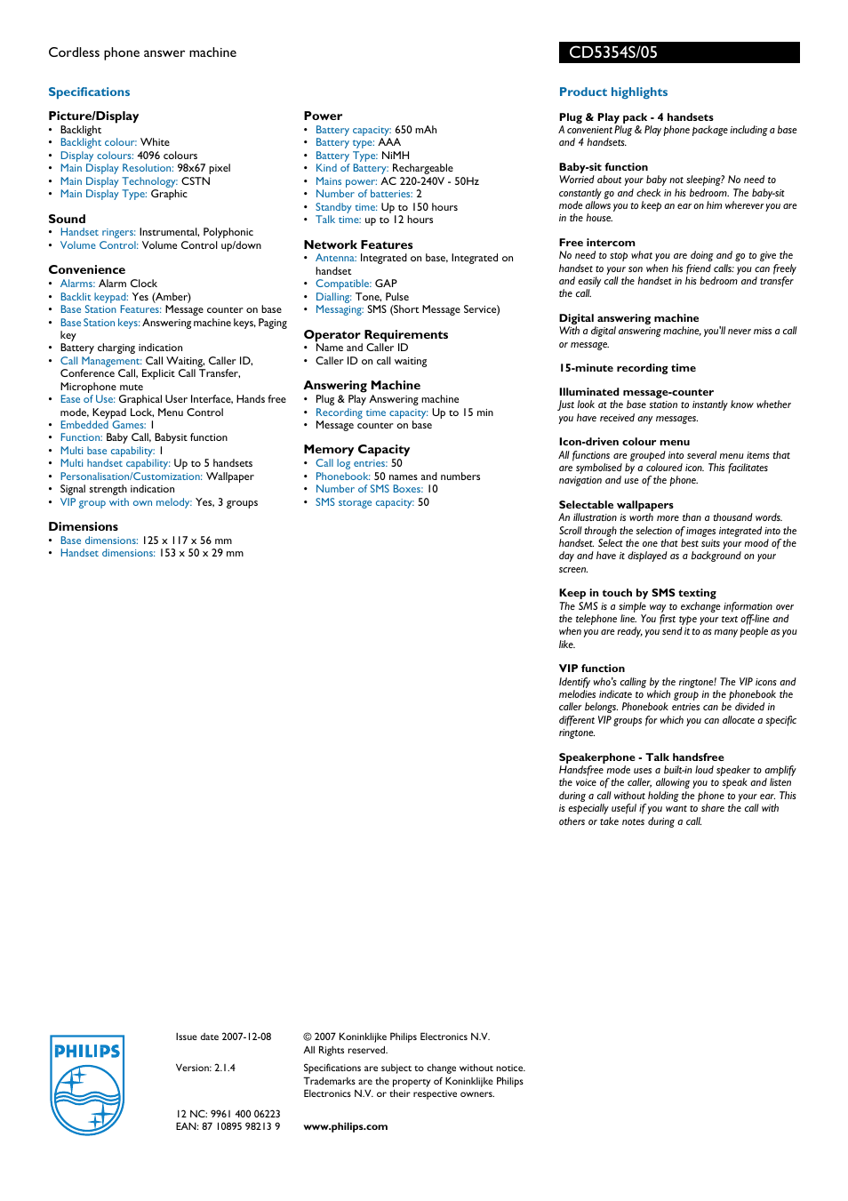 Philips CD5354S User Manual | Page 2 / 2