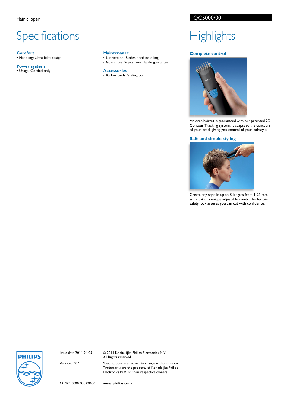 Specifications, Highlights | Philips QC 5000 User Manual | Page 2 / 2