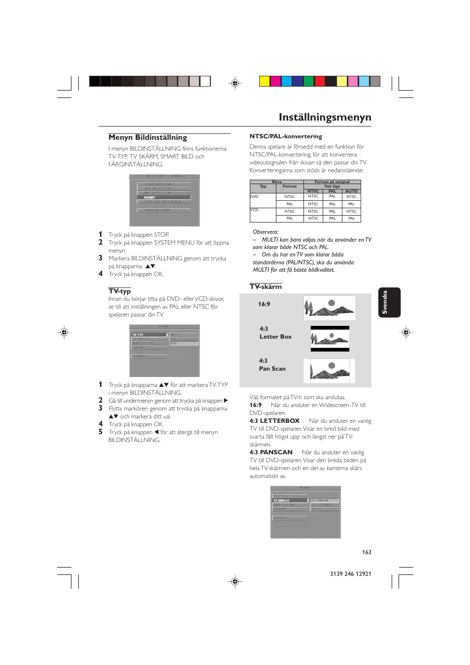 Inställningsmenyn, Menyn bildinställning | Philips DVD729/001 User Manual | Page 24 / 34