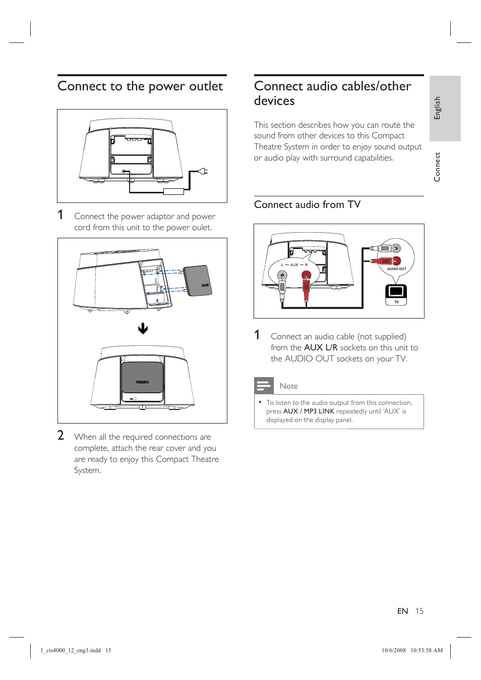Connect to the power outlet 1, Connect audio cables/other devices, Connect audio from tv | Philips CTS4000/05 User Manual | Page 15 / 42