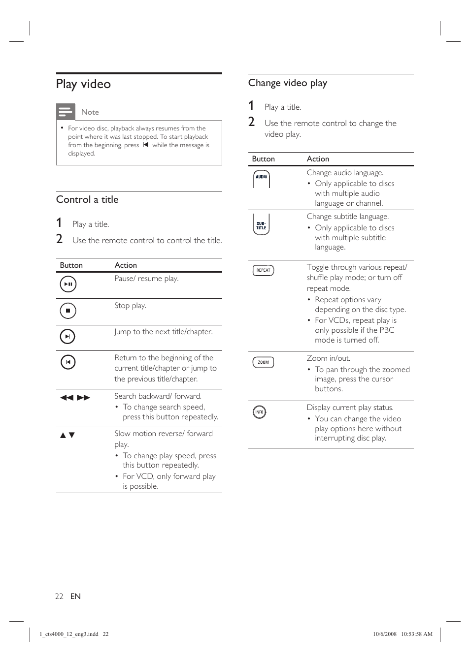 Play video, Control a title, Change video play | Philips CTS4000/05 User Manual | Page 22 / 42