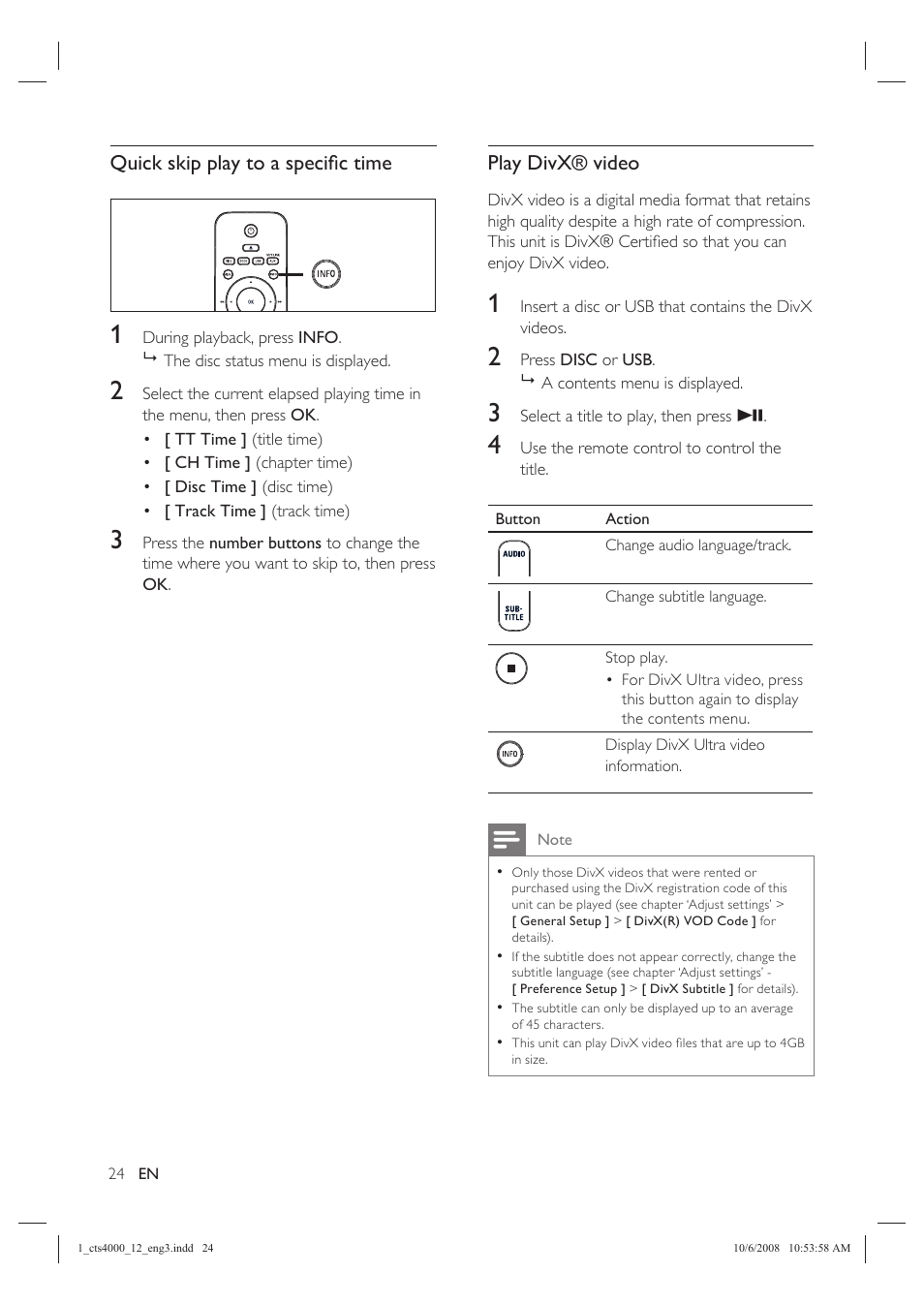 Quick skip play to a specifi c time, Play divx® video | Philips CTS4000/05 User Manual | Page 24 / 42