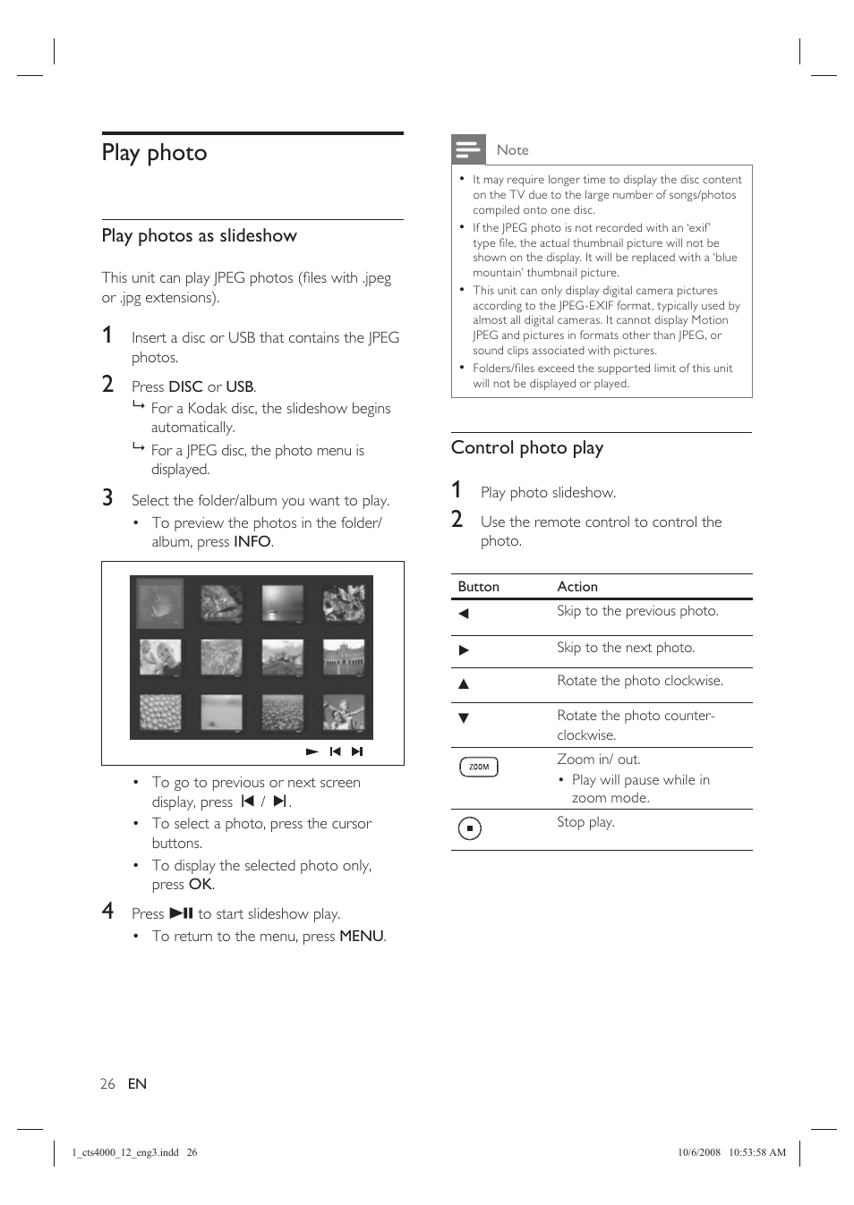 Play photo, Play photos as slideshow, Control photo play | Philips CTS4000/05 User Manual | Page 26 / 42