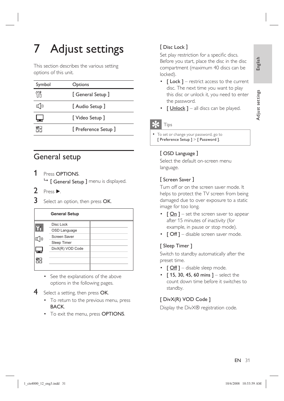 7 adjust settings, General setup 1 | Philips CTS4000/05 User Manual | Page 31 / 42