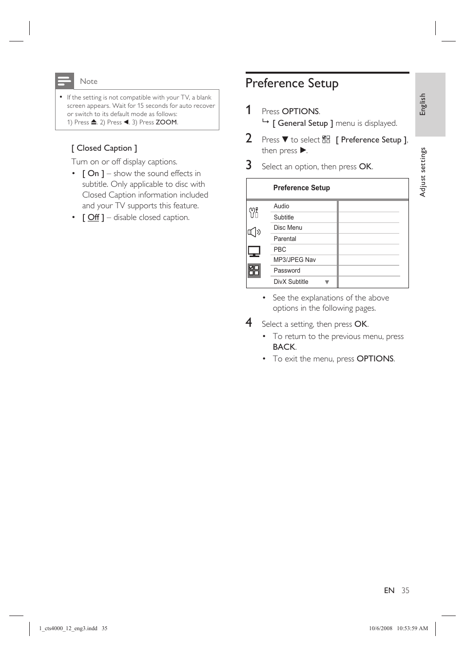 Preference setup 1 | Philips CTS4000/05 User Manual | Page 35 / 42