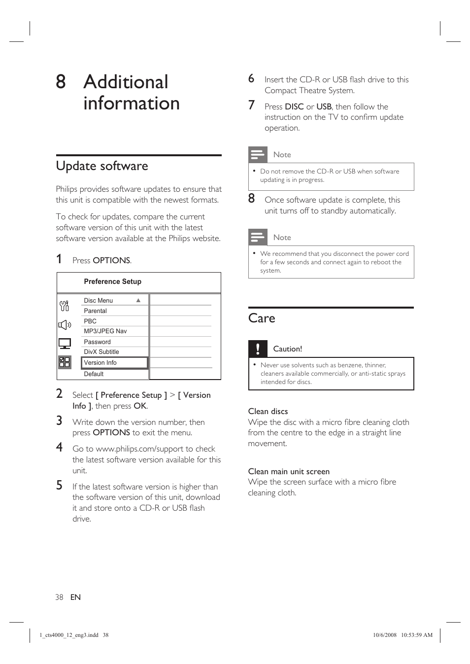 8 additional information, Update software, Care | Philips CTS4000/05 User Manual | Page 38 / 42