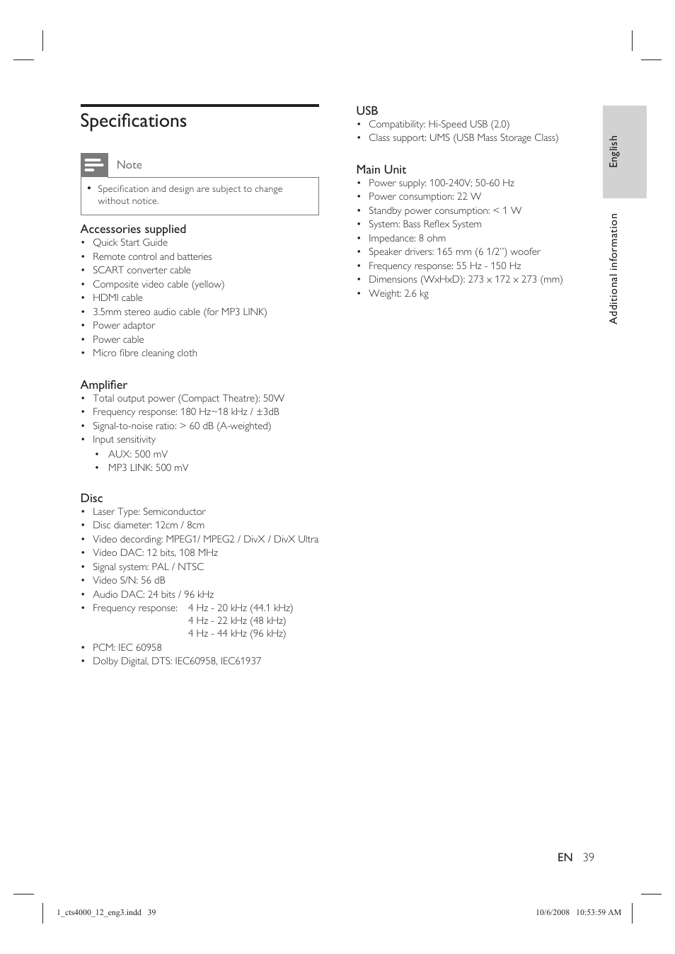 Specifi cations | Philips CTS4000/05 User Manual | Page 39 / 42